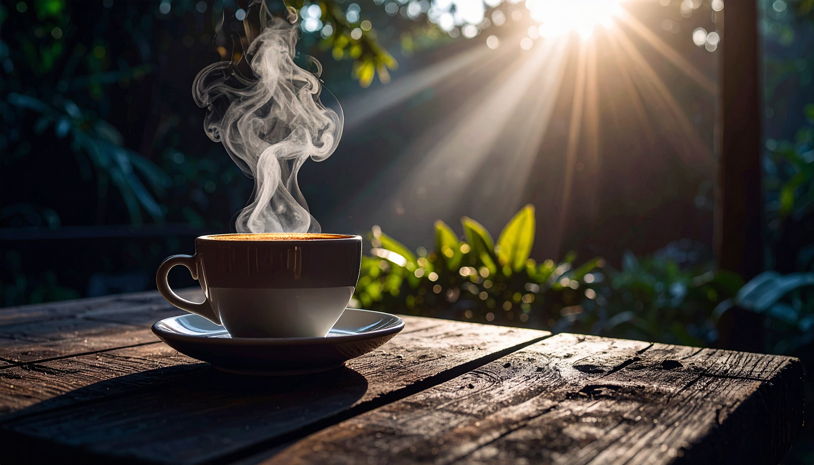 Uma xícara de café fumegante repousa sobre uma mesa de madeira rústica, iluminada pelos suaves raios de sol matinal que atravessam uma vegetação exuberante, criando uma atmosfera serena e acolhedora.